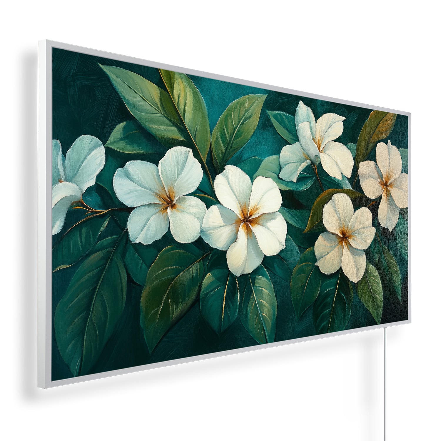 Witte bloemen met weelderige groene bladeren | 450 tot 1200 Watt | Witte of zwarte lijst